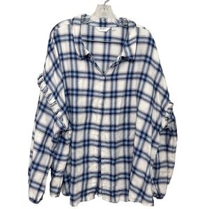 Candace Cameron Bure Button Down Ruffle Womens Plus Size 3X Plaid Blue Soft